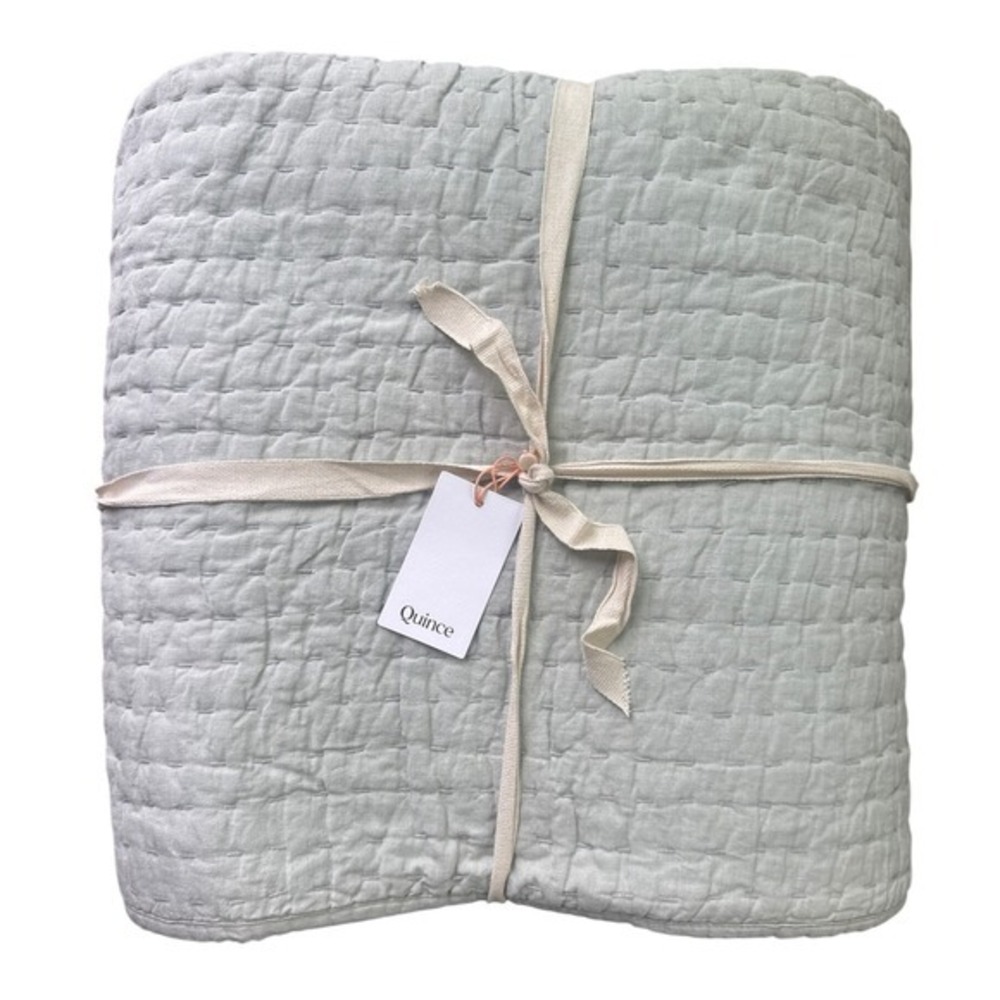 Quince Handcrafted Cotton Linen Quilt King Set Cal King Mist Blue Green New